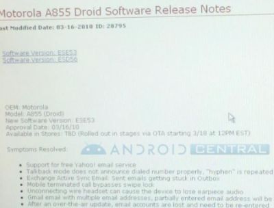 Motorola Droid: il 18 marzo, l'aggiornamento ad Android 2.1
