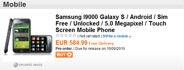 Samsung Galaxy S in pre-ordine su Play.com a 585€