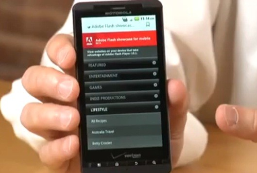 Motorola Droid X in video con Flash Player 10.1