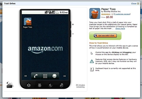 L'Amazon AppStore permette di provare le applicazioni direttamente dal browser prima di acquistarle