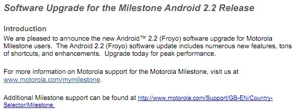 Iniziato il rilascio di Android 2.2 Froyo per il Motorola Milestone