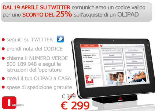 Olivetti Olipad: domani a 299 euro, solo via Twitter