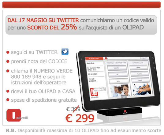 Olivetti Olipad, riparte la promozione: domani a 299€ via Twitter