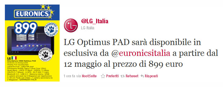 LG Optimus Pad disponibile da Euronics a 899 euro
