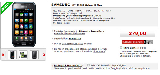 Samsung Galaxy S Plus disponibile in Italia