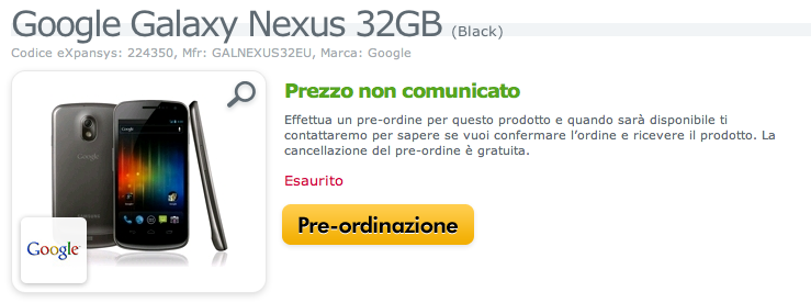 Google Galaxy Nexus già in pre-ordine su Expansys