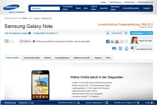 Galaxy Note : ufficializzato il prezzo di lancio