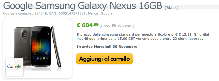 Galaxy Nexus in uscita mondiale il 30 Novembre