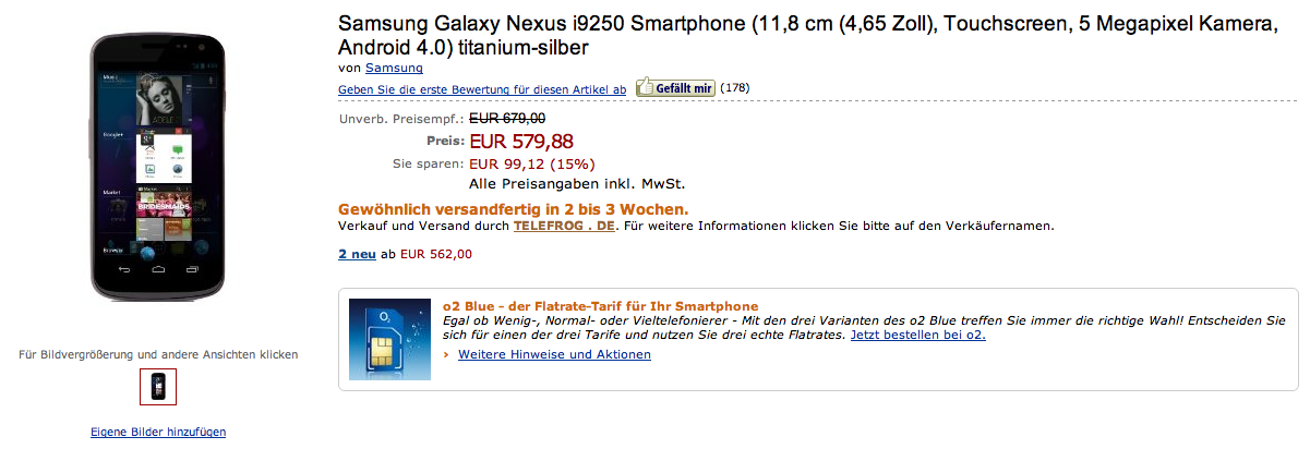 Galaxy Nexus in vendita su Amazon.de a 579,88 euro