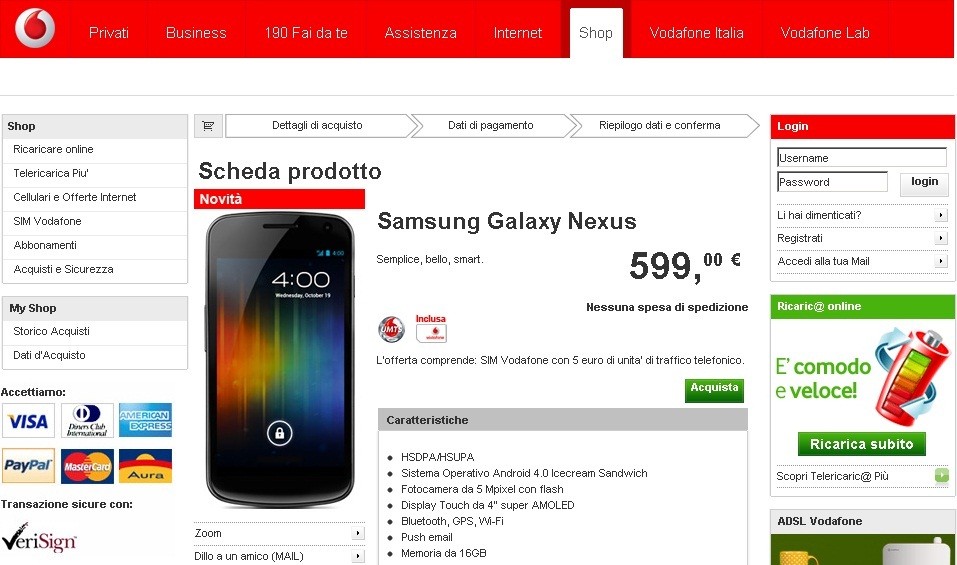 Galaxy Nexus : disponibile per l'acquisto sul sito vodafone.it