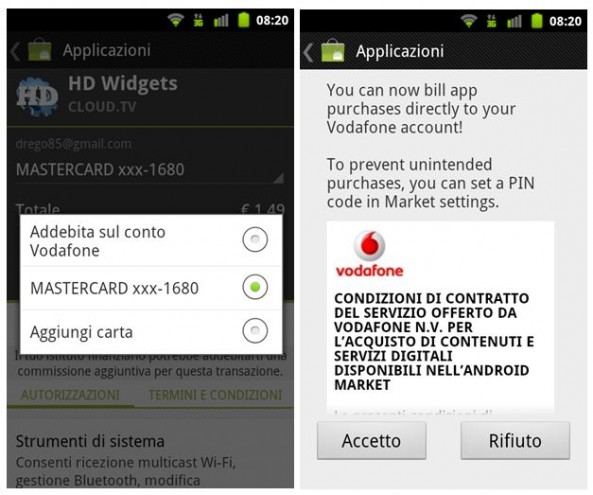 Vodafone & Android Market : arrivano i pagamenti tramite credito telefonico
