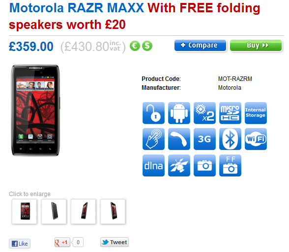Clove rilascia il prezzo del Motorola RAZR MAXX