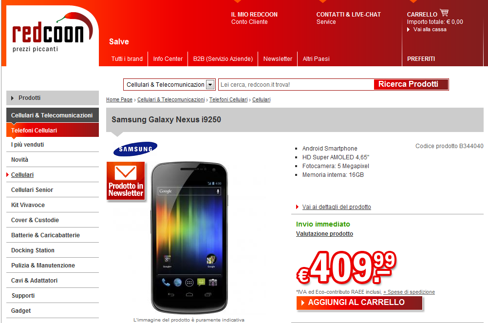Galaxy Nexus in offerta a 409 euro su Redcoon, anche bianco!