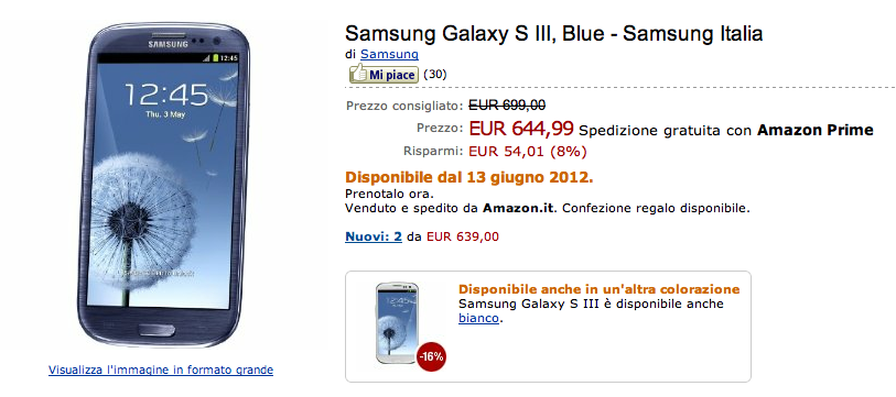 Galaxy S III Pebble Blue dal 13 Giugno su Amazon.it a 644,99€