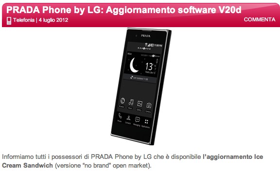 Disponibile l'aggiornamento ad ICS per LG Prada 3.0