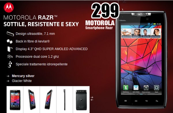 Motorola RAZR scontato a 299€ nei centri Mediaword fino al 19 agosto.