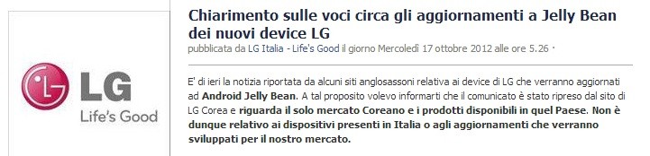 LG Italia chiarisce le voci sugli aggiornamenti a Jelly Bean
