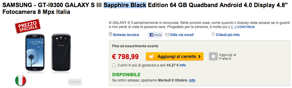Samsung Galaxy S III Sapphire Black 64 GB disponibile su ePrice a 798€
