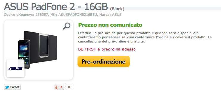Asus Padfone 2 16GB in preordine su Expansys