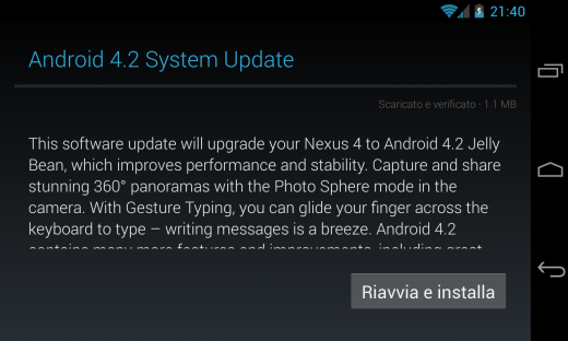 Android 4.2.1 arriva ufficialmente in Italia via OTA per Nexus 4 e Nexus 7