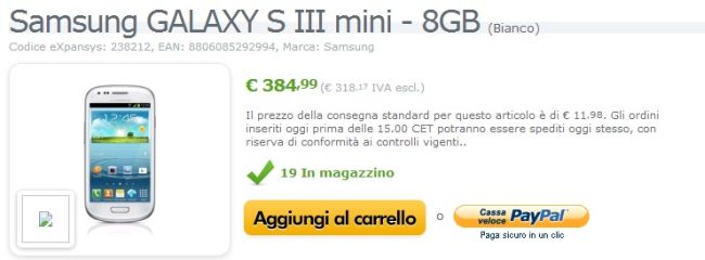 Samsung GALAXY S III Mini disponibile su Expansys a 385€