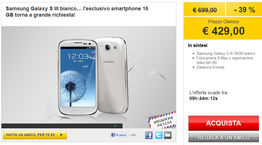 Samsung Galaxy S3: in offerta a 429€ su Glamoo
