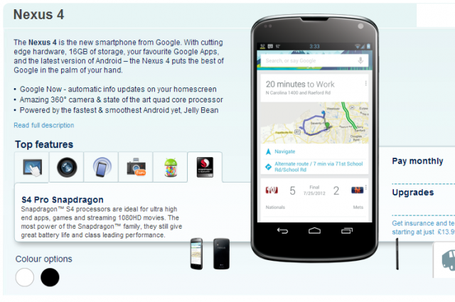 La versione bianca del Nexus 4 compare sul sito di Carphone Warehouse