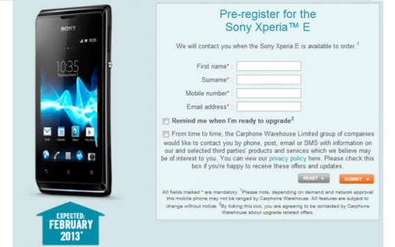 Sony Xperia E: uscita prevista per Febbraio 2013