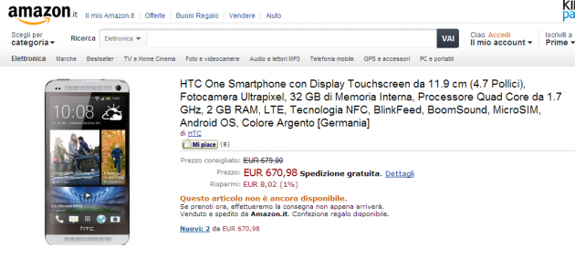 HTC One disponibile in pre-ordine a 670€ su Amazon.it