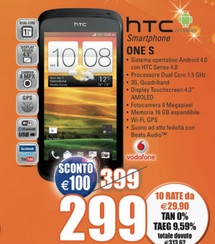 HTC One S in offerta a 299€ presso MarcoPolo Expert