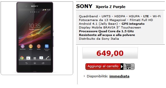 Sony Xperia Z disponibile anche in Viola al prezzo di 649€ presso MediaWorld Online