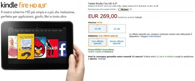 Kindle Fire HD 8.9 disponibile in Italia da 269€
