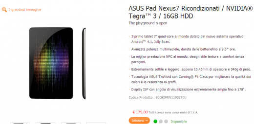 Nexus 7 da 16GB acquistabile ricondizionato al prezzo di 179€ sull'Asus Shop