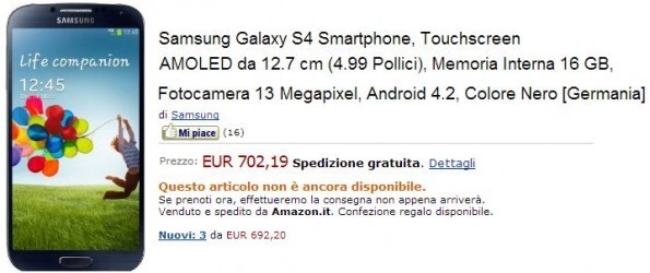 Samsung Galaxy S IV disponibile in pre-ordine a 702€ anche su Amazon.it