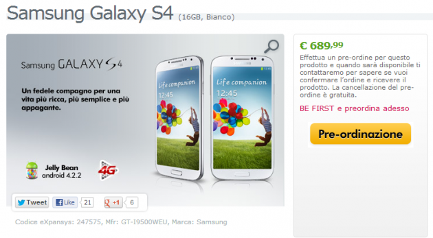 Samsung Galaxy S IV disponibile in pre-ordine a 689€ su Expansys Italia