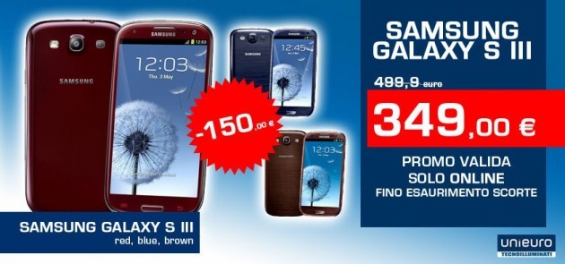 Samsung Galaxy S III in offerta a 349€ sul sito online di Unieuro