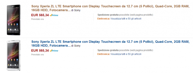 Sony Xperia ZL in vendita in Germania e disponibile in pre-ordine a 565€ su Amazon.it