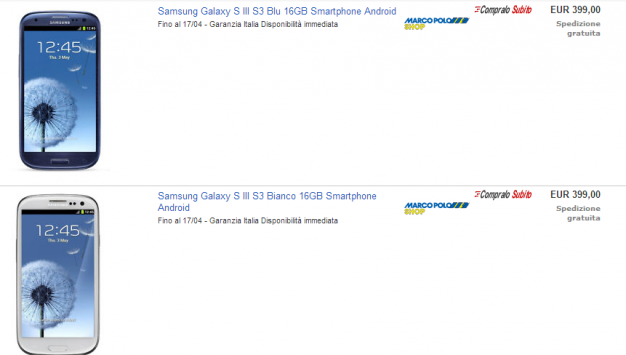 Samsung Galaxy S III: in vendita a 399€ con Garanzia Italia dal negozio di MarcoPolo Expert