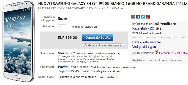 Samsung Galaxy S IV: in vendita con garanzia Italia a 599€ su eBay