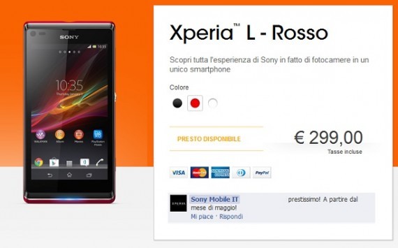 Sony Xperia L: in arrivo in Italia nelle colorazioni rosso, bianco e nero al prezzo di 299€