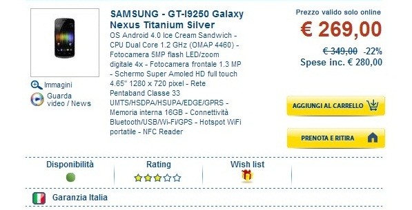 Samsung Galaxy Nexus in offerta online a 269€ da Euronics