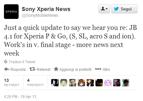 Tweet Sony: Jelly Bean in arrivo per vari modelli Xperia
