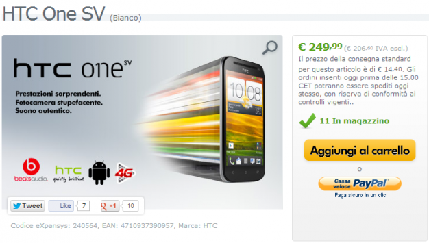 HTC One SV in offerta a 249 euro su Expansys