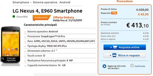 Nexus 4 disponibile a 413€ da MarcoPolo Expert con Garanzia Italia