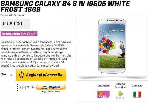 Samsung Galaxy S4 disponibile a 589€ con Garanzia Italia