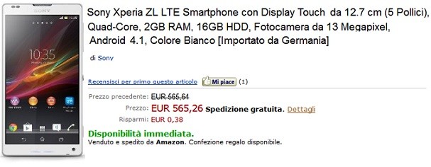 Sony Xperia ZL disponibile su Amazon Italia a 576€