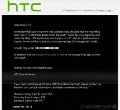 HTC USA: rimborso di 25 dollari da spendere sul Play Store per i ritardi di consegna dell'HTC One
