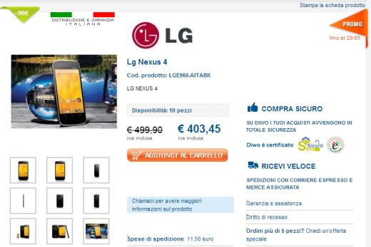 Il prezzo del Nexus 4 italiano scende ancora: disponibile ora a 403 Euro