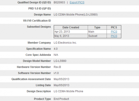 LG Optimus G2: nuova certificazione bluetooth con brand Verizon e Sprint