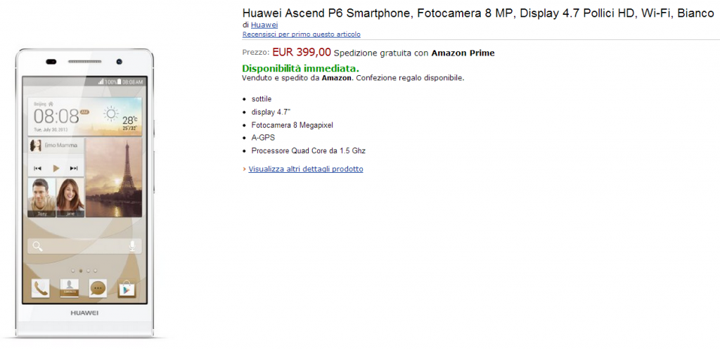 Huawei Ascend P6 Smartphone  Fotocamera 8 MP  Display 4.7 Pollici HD  Wi Fi  Bianco  Amazon.it  Elettronica